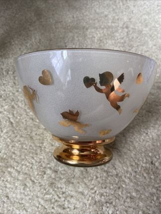 Valentine Bowl For Candy Teleflora Gold Cupid Heart Frosted Vtg Glass Bowl Vase