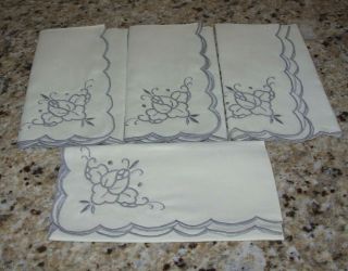 Vintage Linen Embroidery Cut Work Set Of 4 Dinner Napkins 16 " Sq