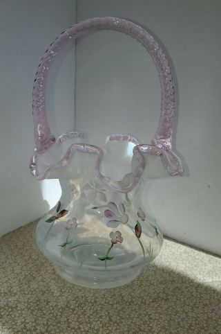 White Opalescent Diamond Optic Fenton Basket With Pink Crest Signed By Artist