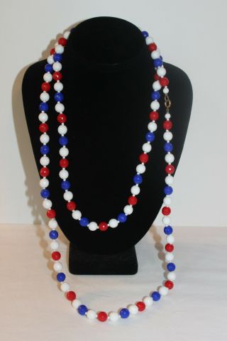 Vintage Mid - Century 1950s Red White & Blue Beaded Necklace Disco Ball Facets 56 "