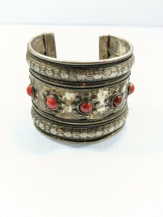 Vintage Silver Tone Red Cabochon Tribal Style Textured Wide Open Cuff Bracelet