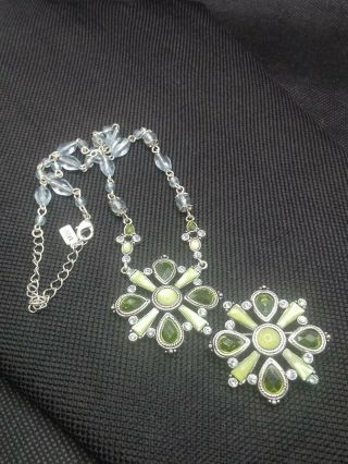 Vintage 1928 Brand Necklace And Pin Brooch Silver Tone Green