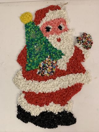 Popcorn Art Santa Claus With Christmas Tree Melted Plastic Retro Wall Decor Vtg