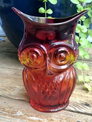 Retro Vintage Rainbow/viking Amberina Hand - Blown Art Glass Owl Vase