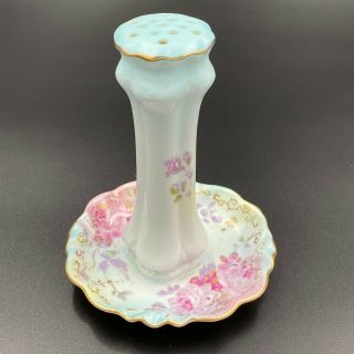 Vintage Rs Porcelain Hand Painted Floral Hatpin Holder W Attached Tray Hat Pin