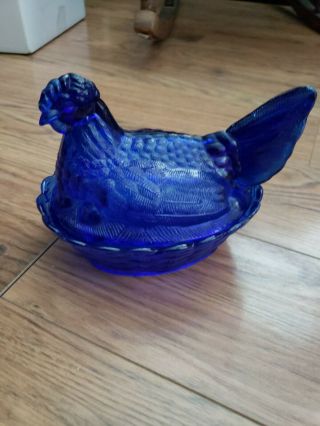 Vintage Cobalt Blue Chicken Hen On Nest Glass Candy Dish