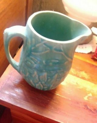 Vintage Older App 5 " Green Pottery Heavy Water Lilies Pitcher Creamer Embossed