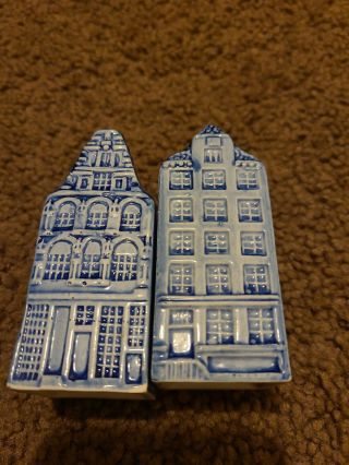 Vintage Delft Hand Painted Salt & Pepper Shakers Holland Dutch Houses Blue White