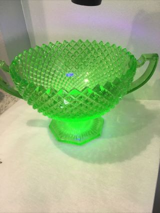 Westmoreland English Hobnail Green Uranium 2 Handle Trophy Bowl/loving Cup