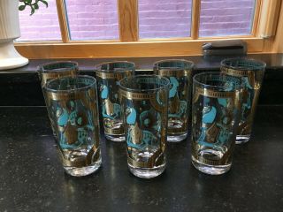 7 Vintage Mid Century Fred Press Gold & Turquoise Trojan Horse Highball Tumblers