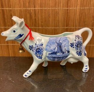 Vintage Delft Dbl Blue Cow Cream Pitcher,  Hand Painted Windmill Flowers,  Holland