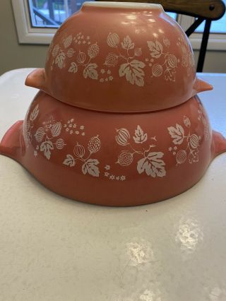 Vintage Pyrex Pink Gooseberry 2 Pc Cinderella Nesting Mixing Bowls 442/444