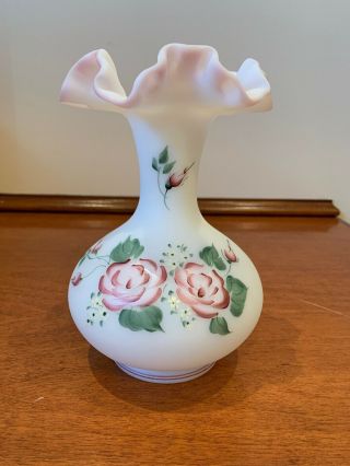 Fenton 8” White Satin Vase Hand Painted Pink Roses Vase Artist Signed