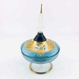 Vintage Art Glass Pedestal Candy Dish With Lidded Turquoise Gold Floral