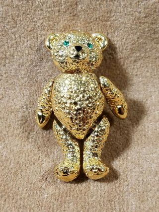 Vintage Napier Articulated Teddy Bear Brooch Pin Gold Tone W/ Green Eyes