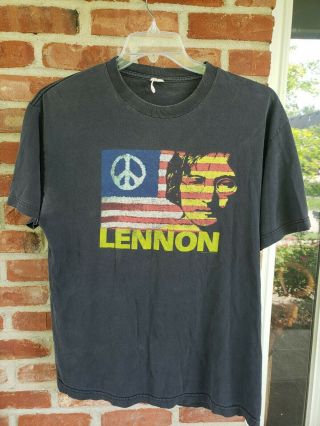 Vintage John Lennon T Shirt Size L Double Sided Give Peace A Chance 2004 Black