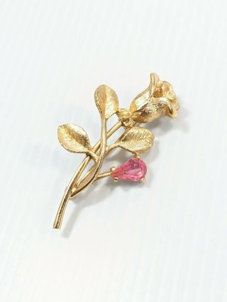 Vintage Avon Gold Tone Pink Teardrop Rhinestone Rose Flower Pin Brooch