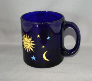 Libby Glass Celestial Sun Moon Stars Coffee Mug Cobalt Blue & Gold.