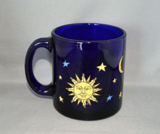 Libby Glass Celestial Sun Moon Stars Coffee Mug Cobalt Blue & Gold. 2