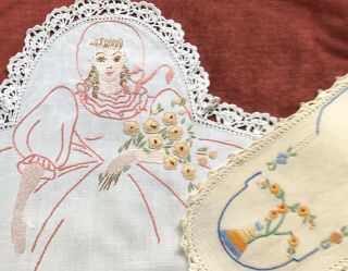 2 Vintage Crinoline Lady Hand Embroidered Doiley Doilies Crochet Lace Linen