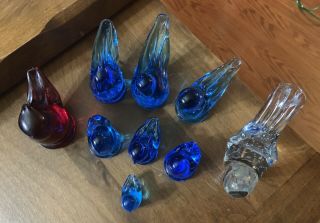 Vtg 9 Glass Birds Figurines 8 Signed Dated Ron Ray Leo Ward Red & Blue Clear