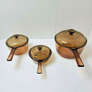 Vintage Corning Vision Ware Amber Glass Cookware Pots Pans 6 Piece Set Pyrex Usa