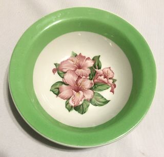 Vtg Sterling Restaurant Ware Hibiscus Pink Flower Green Flat Rim Bowl 5 7/8”