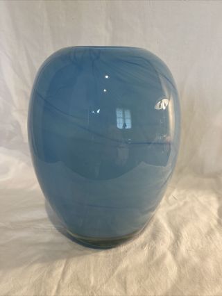 Large Vintage Hand Blown Art Glass Blue/white Swirled Vase 9.  5” Tall Encased Exc