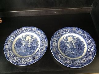 2 Vintage Liberty Blue Independence Hall Dinner Plates Made In England