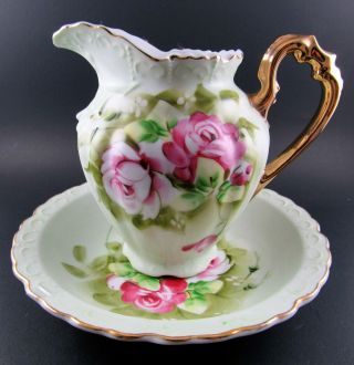Vintage Lefton China Hand Painted Roses Pitcher & Bowl Marked 4172 Japan (e32)