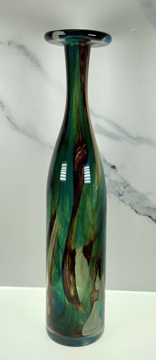 Large 13.  75art Glass Michael Harris Mdina Vase Tiger Blue Green Signed
