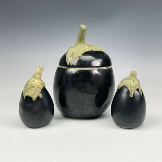 Mystery Artist Studio Crafted Pottery Eggplant Salt Pepper Shaker Lidded Jar Bwa