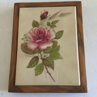 Rose Vintage Wood Frame Ceramic Tile Trivet Hotpad Wall Hanging