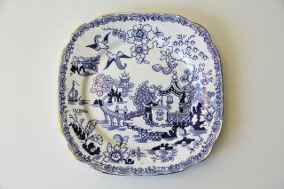 Vintage Royal Albert Crown China Blue Willow Square Salad Plate Gold Rim 8.  5 "