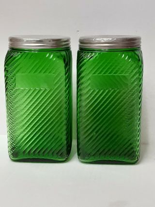 Owens Illinois Green Depression Glass Pair Hoosier Canisters W/ Lids 7 "