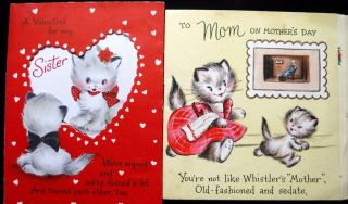 2 Vintage Greeting Cards Kittens Cat Valentine 
