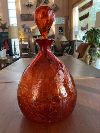 Blenko ? Orange/tangerine Crackle Glass Bottle Decanter W/ Stopper 14 " Mcm