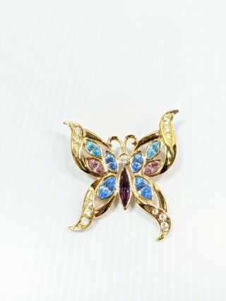 Vintage Avon Gold Tone Blue Purple Crystal Butterfly Pin Brooch