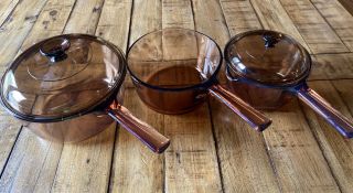 Vtg Corning Vision Ware Amber Glass Cookware Set Pots W/ Lids 2.  5l,  1.  5l,  1l
