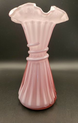 Vintage Fenton Glass Vase White And Pink Ruffled Edge Marked On Bottom