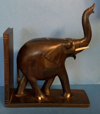 Vintage Hand Carved Elephant Bookend Dark Wood Statue Tanzania