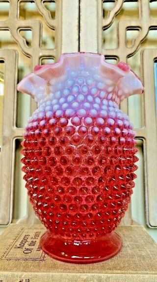 Fenton Vintage Cranberry Pink & Opalescent Hobnail Glass Vase Handblown 8 "