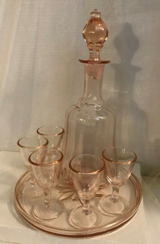Vintage Pink Depression Glass Decanter Set With Glasses And Tray 7 Pc Set Retro