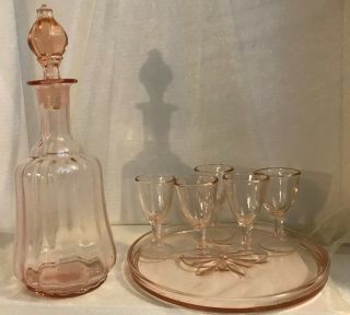Vintage Pink Depression Glass Decanter Set with Glasses and Tray 7 pc set Retro 2
