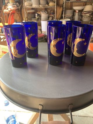 Set Of 6 Vintage Culver Usa Cobalt Blue Gold Drinking Glasses Sun Moon Planets