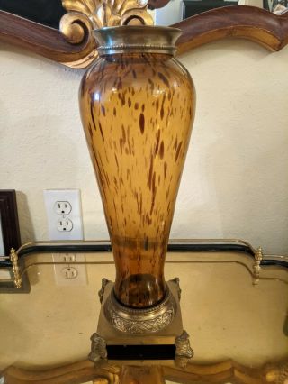 Rare Vintage Bombay Company Amber Art Glass Brass Mounted Vase Hand Blown Footed