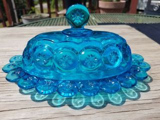 L E Smith Glass Moon And Star Colonial Blue 1/4 Pound Covered Butter Dish