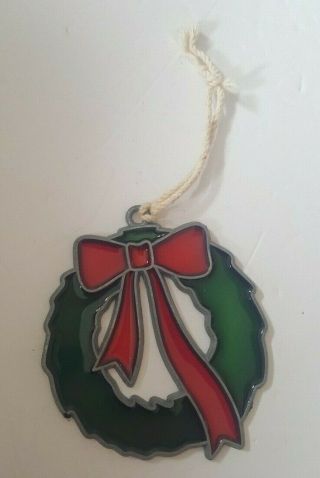 Vintage Faux Stained Glass Christmas Ornament Wreath Green Red Sun Catcher