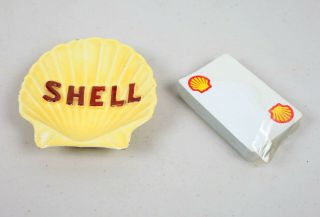 Vintage Shell Shaped Shell Oil Advertising Ash Tray And Playing Cards