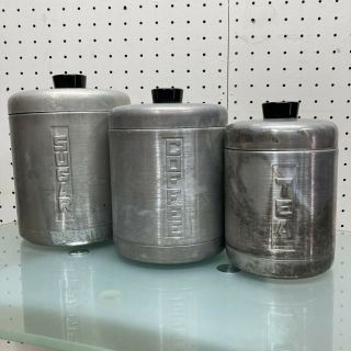 Vtg Mid Century Spun Aluminum Ware Canister Nesting Set Of 3 Tea Coffee Sugar